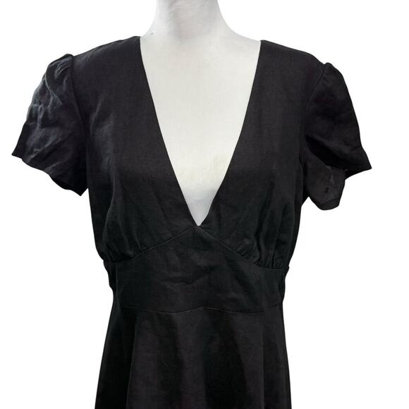 Linen Handmade Studio 100% Linen Midi Dress Size 14 Deep V Neck Sicily Black NWT - Picture 7 of 9